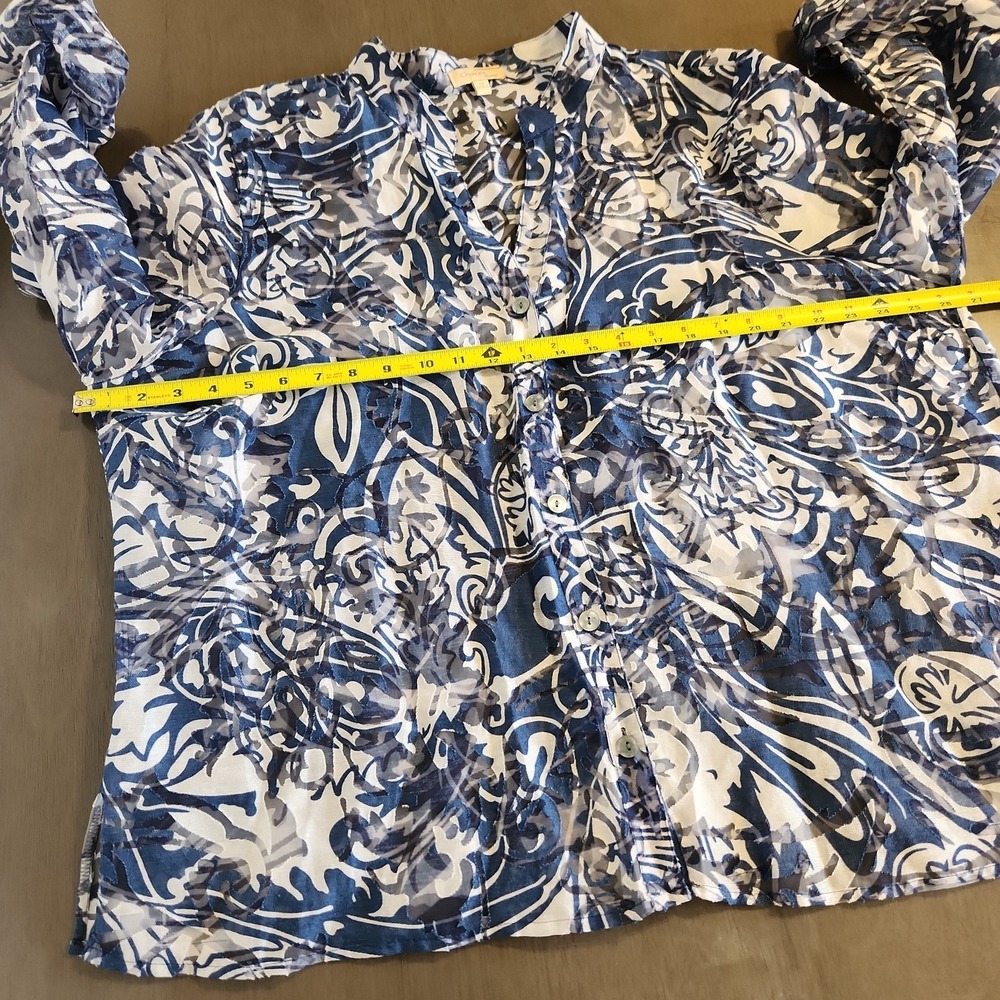 Women's Plus Size 3X Blue White‎ Burnout Floral Sheer Blouse Button Linen Blend - Picture 12 of 14